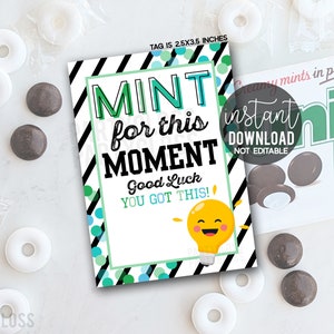 May include: A printable gift tag with a black and white striped background and green and blue polka dots. The tag says "Mint for this moment, Good Luck You Got This!" and features a cartoon lightbulb with a smiley face. The tag is 2.5 inches by 3.5 inches.