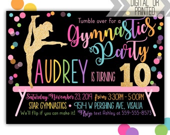 Gymnastics Invitation - Digital or Printed | Gymnastics Printable | Gymnastics Birthday Party | Tumble Invitation | Black with Gold | Bounce