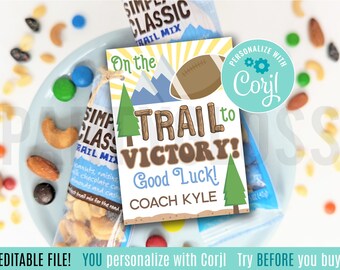 Editable Football Trail Mix Printable Gift Tags, On The Trail To Victory Good Luck Team Practice Conditioning Playoffs Big Game Snacks Tag