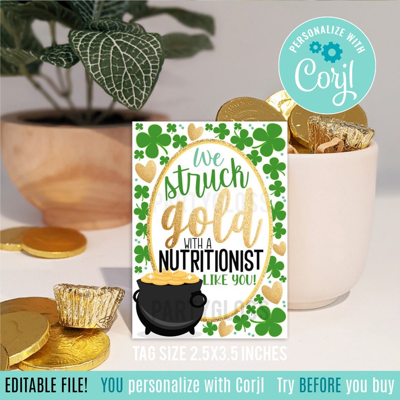 Editable Nutritionist Month Printable Tags, We Struck Gold With A Nutritionist Like You Dietitian, Health Care Nutrition Consultant Tag image 1