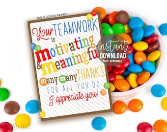 Teamwork Appreciation Printable Gift Tags, MM Candy Tag Employees Team Coworkers Volunteers Office School Staff Faculty Teammate PTA PTO