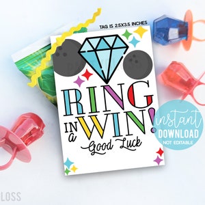 Bowling Ring In A Win Printable Gift Tags Good Luck Tournament Big Game Day Team Treats Teammates Gem Ring Candy Pop Adult Rec League