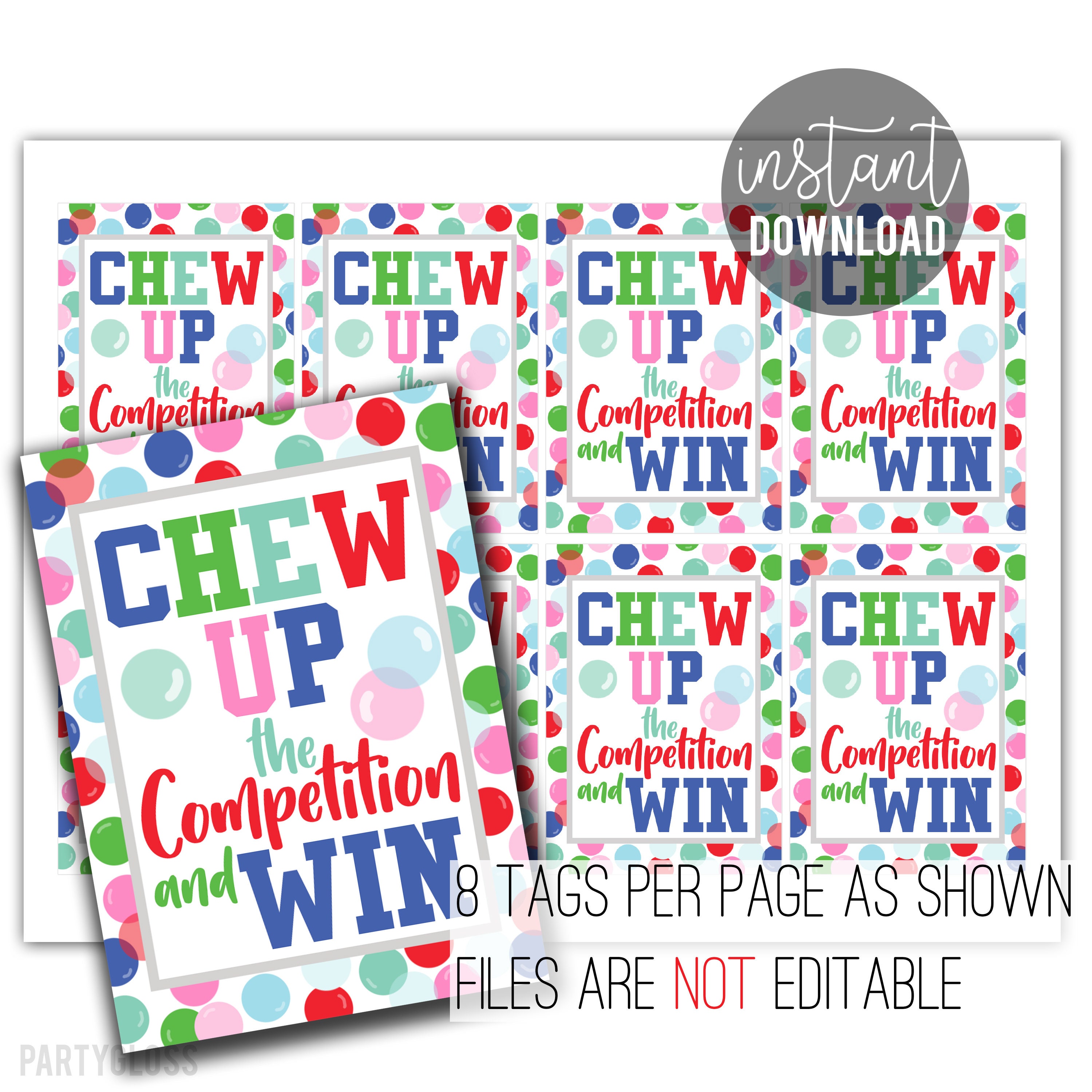 Chew Up The Competition Good Luck Printable Gift Tags, Bubble Chewing Gum Sports Conference State Title Game Day Team Treats Match Meet