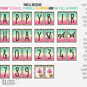 May include: Printable banner for a birthday party with a glamping theme. The banner includes the letters "Happy Birthday", numbers 0-9, and the words "and", "st", "nd", and "rd". The banner is designed with a gradient of pink, blue, and green colors and features a black and white striped pattern.