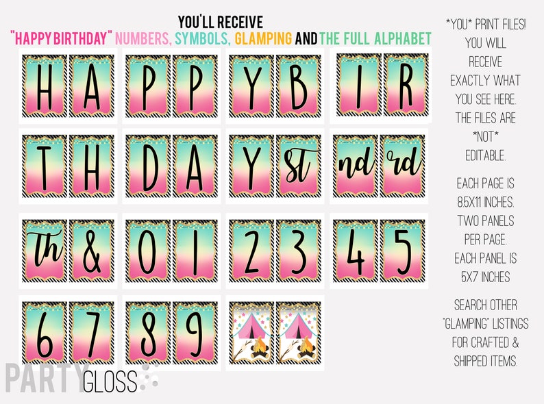 May include: Printable banner for a birthday party with a glamping theme. The banner includes the letters "Happy Birthday", numbers 0-9, and the words "and", "st", "nd", and "rd". The banner is designed with a gradient of pink, blue, and green colors and features a black and white striped pattern.