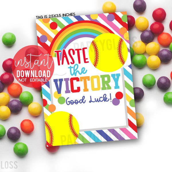 Softball Taste The Victory Printable Gift Tags Good Luck Team Game Practice Tournament Rec League Treats Rainbow Candy Competition Treat