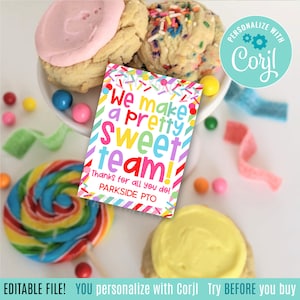 Modificabile Team piuttosto dolce Tag regalo stampabili, Tag di apprezzamento del team Personale scolastico Dolci e dolcetti Volontario Caramelle PTO PTA Carpool Arcobaleno