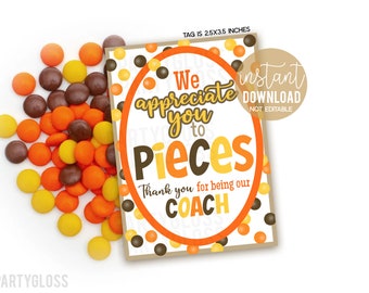 Coach Appreciation Printable Gift Tags, We Appreciate You To Pieces, Treat Tag End Of Season Thank You Assistant Last Year, Candy Pun Gift