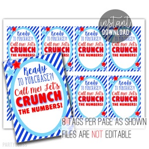 Crunch The Numbers Hypotheekverstrekker Marketing Afdrukbare cadeaukaartjes, kredietbeoordelaar Verzekering Klanttags Vastgoed traktatie-tag