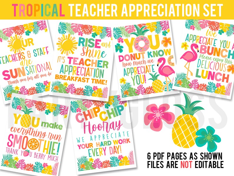 Teacher Appreciation 8.5x11 Printables, Lunch School Staff, PTO PTA, Treats Snacks Teachers Tropical Hawaiian Beach Aloha Tiki Bulk Bundle image 2