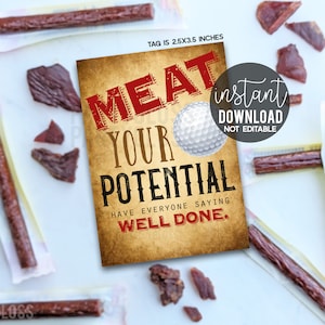 Carne da golf Il tuo potenziale Etichette regalo stampabili, Invito al torneo Spuntini per partite scolastiche Corso di squadra Compagni di squadra Beef Jerky Slim Stick Jim