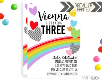 Rainbow Hearts Birthday Invitation | Digital or Printed | Heart Party | Rainbow Invitation | Hearts Invite | Rainbow Heart Invitation