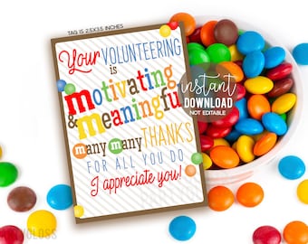 Volunteer Appreciation Printable Gift Tags, Volunteering Team Thank You MM Candy Volunteers PTA PTO Chaperones Staff Thanks For All You Do