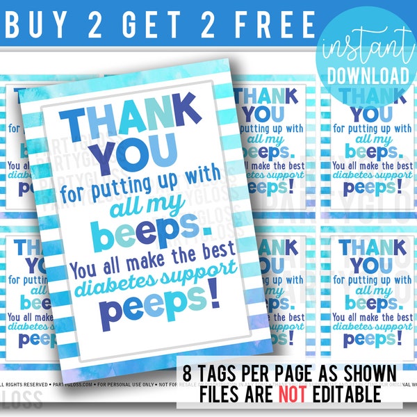 Diabetes Support Appreciation Tags, Typ 1 Peeps With Beeps, Classmate Thank You Tag, T1D T2D, Diabetic Friend Printable Treats, Blue Ribbon