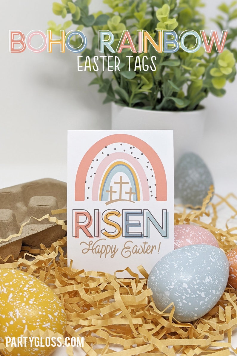 Easter Printable Tags He is Risen Tag Boho Rainbow Easter Etsy