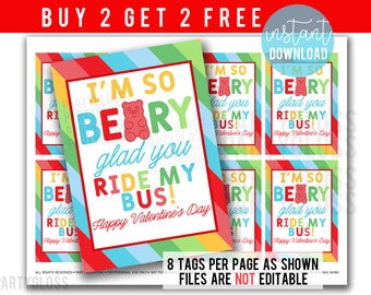 Gummy Bear Valentine's Day Printable Gift Tags, So Beary Glad You Ride My Bus Gummy Valentine Bus Driver Valentines Easy Cute Kids Gummi