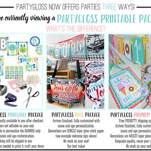 May include: A comparison chart of three different party decoration packages offered by PartyGloss. The packages are: Printable, Plus, and Premium. The chart highlights the differences in each package, including the level of customization, shipping options, and materials used. The image also shows examples of the decorations included in each package.