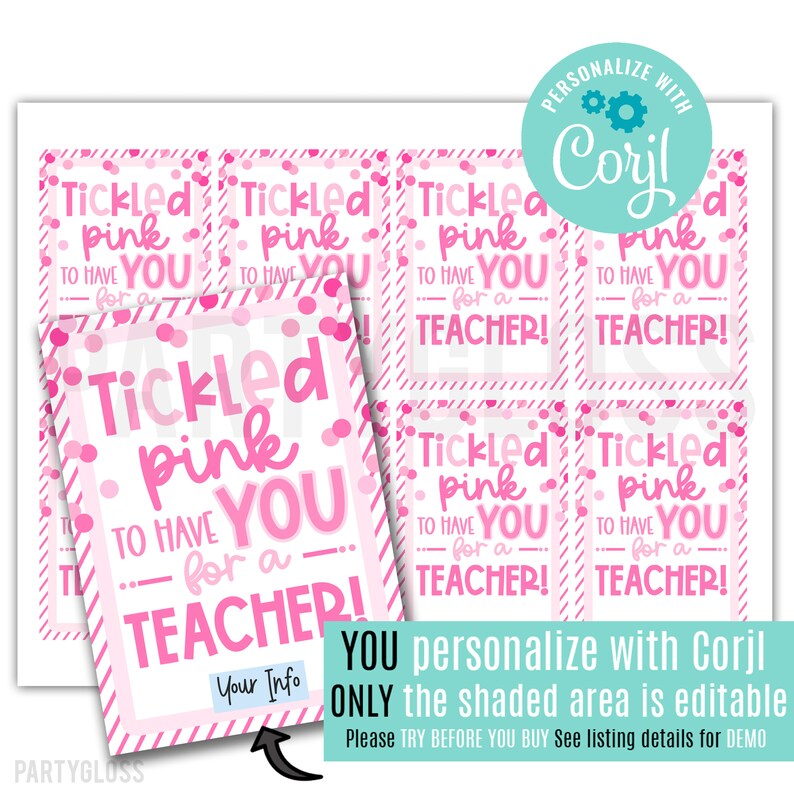 Editable Teacher Appreciation Printable Tag Tickled Pink - Etsy
