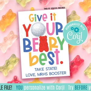 Bearbeitbare Golf Give It Your Beary Bestes Glück druckbare Geschenkanhänger, Gummibärchen-Turnier-Einladungs-Meisterschaftsspiel-Team-Leckerei-Tag