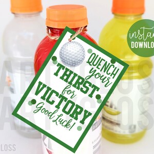 Etichette stampabili Green Golf Good Luck, disseta la tua sete di vittoria Bevande sportive a invito per tornei di golf per la squadra di golf del campo