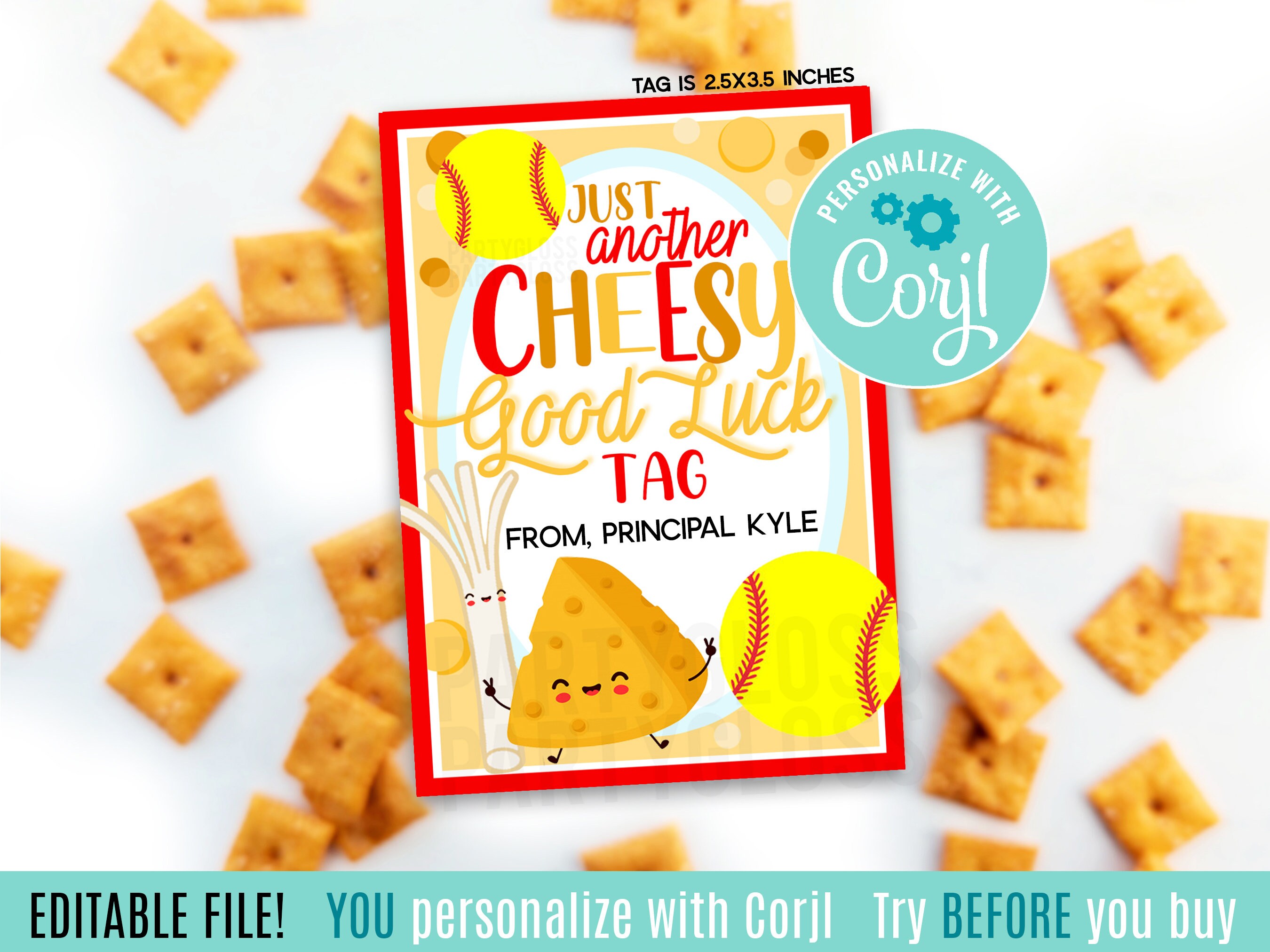 Editable Softball Cheesy Good Luck Printable Gift Tags, Cheese Crackers Snacks Bag Team Game Day Tournament Rec League State Championship