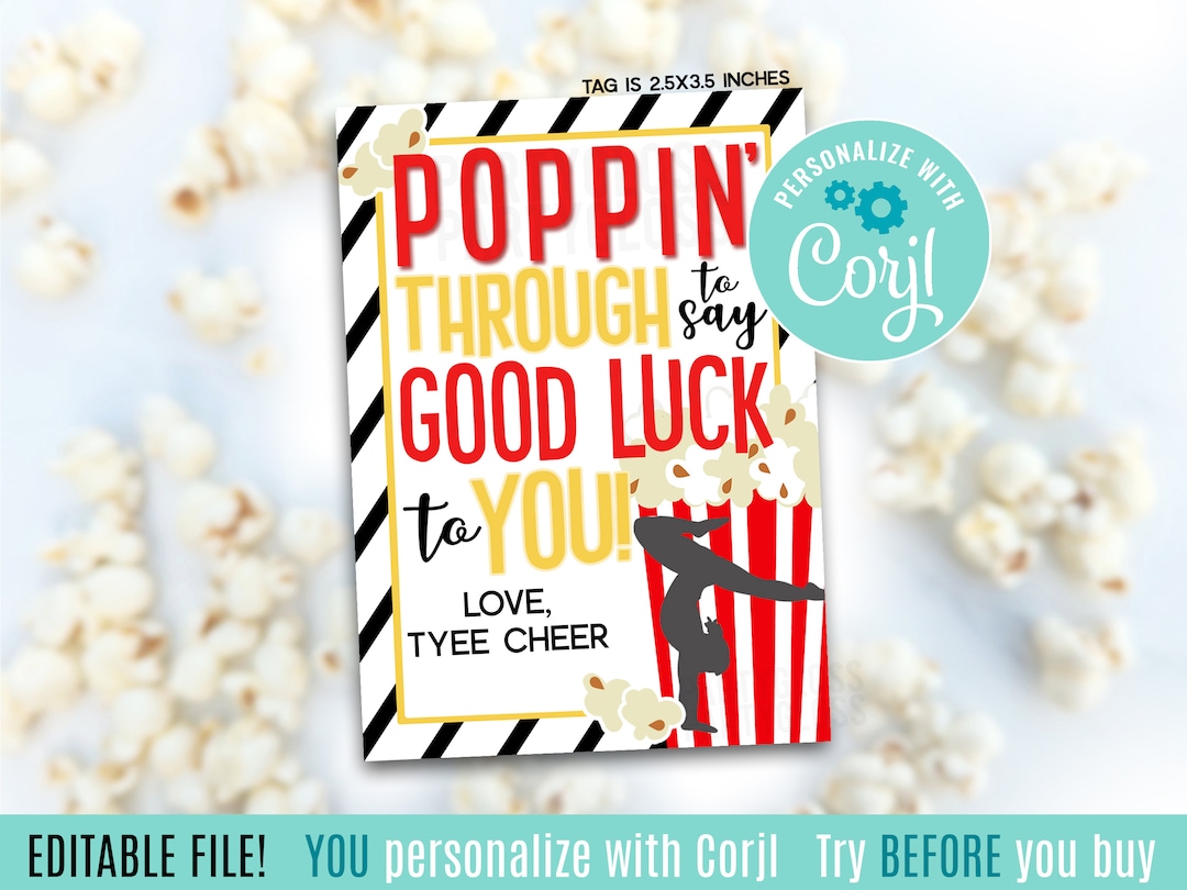 Editable Gymnastics Popcorn Good Luck Printable Gift Tags, Popping