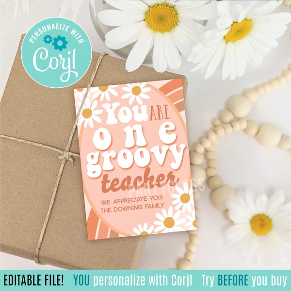 Editable Groovy Teacher Appreciation Printable Gift Tags, Boho Daisy Teachers Week School Staff Faculty PTO PTA Retro Hippie Hippy