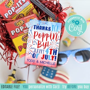 4 juillet modifiable Poppin par étiquettes de faveur imprimables, Pop It Tag Portes ouvertes cadeau fête d'anniversaire barbecue Merci Drop By Independence Day