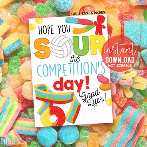 Siatkówka Sour Candy Wydrukowane etykiety upominkowe, Powodzenia Courtside Beach Match Practice Tournament Treat, Sour The Competition's Day Printables