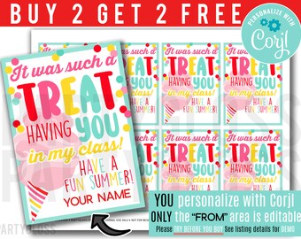 Puede incluir: Tarjetas imprimibles con un gráfico de algodón de azúcar y el texto "It was such a TREAT having you in my class! Have a fun summer!" en rosa, rojo, amarillo y azul. Las tarjetas son personalizables.