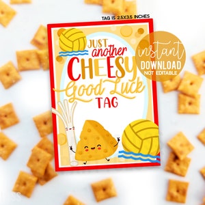 May include: A printable tag with a red border and a yellow background. The tag features a cartoon cheese wedge with a smiling face and the text "Just another cheesy good luck tag". The tag is 2.5 x 3.5 inches.