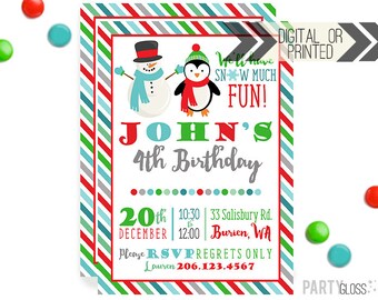 Winter Birthday Invitation | Digital or Printed | Penguin Invitation | Snowman Invitation | Red Aqua Green Birthday Invitation | Boy Penguin