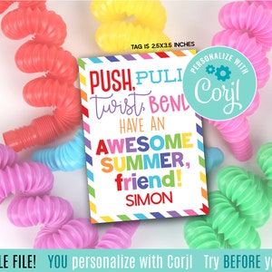 Bearbeitbare Fidget Sensory Ende des Jahres druckbare Tags, Non Food, Push Pull Twist Bend haben einen fantastischen Sommer Freund Klasse Team Klassenkamerad