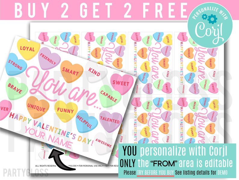 Editable Candy Hearts Valentine's Day Printable Tag Rainbow Pastel Girl ...