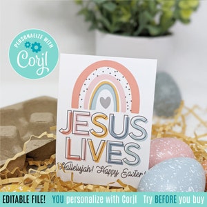 Editable Easter Printable Tags, Jesus Lives Tag Boho Rainbow Easter Service Youth Group Bible Study Sunday School Youth Pastor Treats Gift