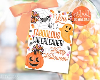 Cheerleader Halloween Printable Gift Tags, Cute Spooky Candy Tag Faboolous Cheer Squad Camp Treats Team Tournament Game State Regionals