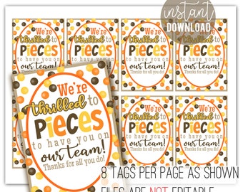 We're Thrilled To Pieces To Have You On Our Team Printable Gift Tags Thank You Staff Office Teacher Volunteer Employee Coworker Candy Treats