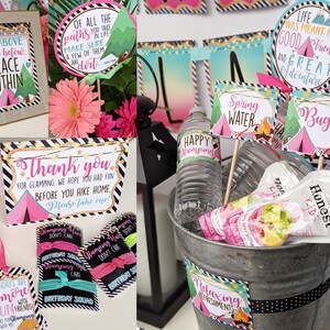 May include: A set of camping-themed party decorations, including a sign that says "Sky above, earth below, peace within", a sign that says "Of all the paths you take in life, make sure a few of them are dirt", a sign that says "Happy Glamping", a sign that says "Spring Water", a sign that says "Bug Juice", a sign that says "Thank you for glamping, we hope you had fun before you hike home. Please take one!" and a sign that says "Birthdays are s'more fun with friends. Thanks for glamping with me!"