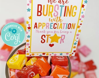 Editable Star Candy Bursting With Appreciation Printable Gift Tags, School Staff PTO PTA Office Employees Team Teachers Volunteers Faculty