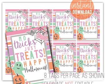 May include: Eight printable Halloween treat bag tags with a pink, purple, and green striped background. The tags feature a ghost, spider, bat, and pumpkin with the text "No tricks just treats! Happy Halloween!"