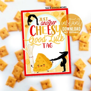 May include: A red, yellow, and white printable gift tag with the text "Just another cheesy good luck tag" and a cartoon illustration of a wedge of cheese with a smiling face. The tag is 2.5 x 3.5 inches.