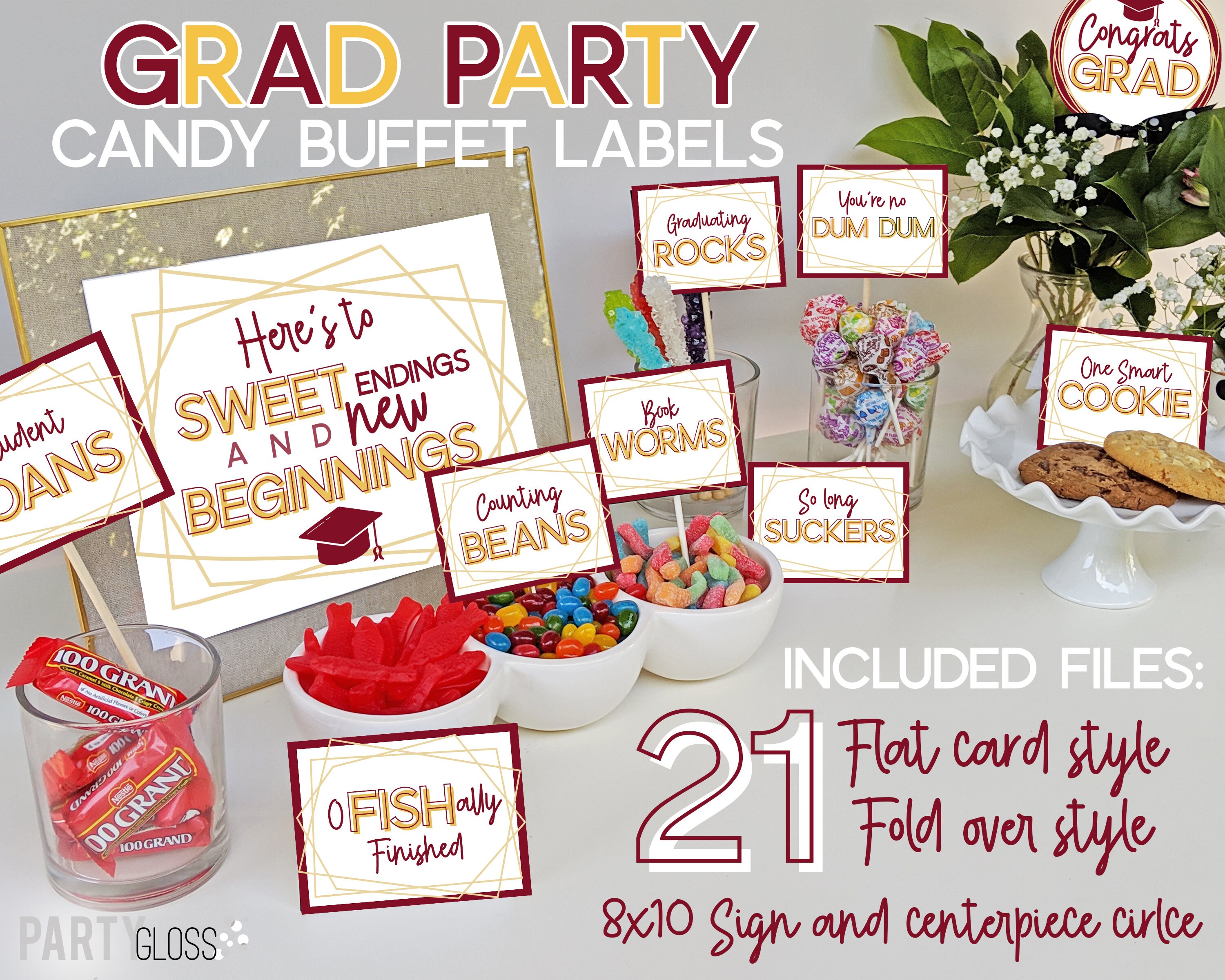 Graduation Candy Buffet Labels | Candy Bar Labels | Crimson Gold | Maroon Gold Candy Labels | Red Crimson Gold | Candy Bar Signs Red Gold