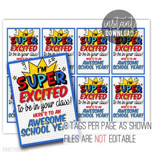 Super opgewonden om in je klas te zijn Terug naar school Afdrukbare cadeaukaartjes, Super Hero Teacher Tag Hier is een geweldig schooljaar