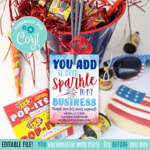 Bewerkbare 4 juli Sparkler Marketing afdrukbare tags, je voegt zoveel glitter toe aan mijn zakelijke Sparklers Holder Pop By Referral Client Gift