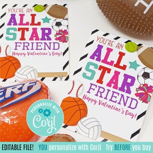Editable Valentine&#39;s Day Printable Tags All Star Friend Valentine Girly Sports Cheer Volleyball Basketball Tennis Soccer Softball Class Team