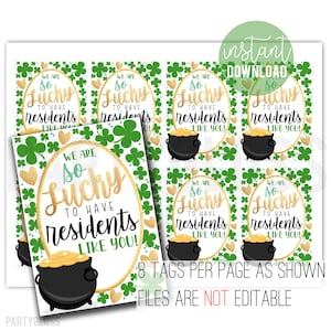 Etiquetas imprimibles del Día de San Patricio, Apreciación de los residentes, Residentes afortunados como usted, Administrador de apartamentos Administradores de propiedades Regalo Hogar de ancianos