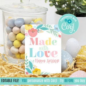 Modificabile Fatto con amore Etichette pasquali stampabili, Etichetta per dolcetti floreali di felice primavera, Prodotti da forno, Staff Team Amici Vicini Clienti Clienti