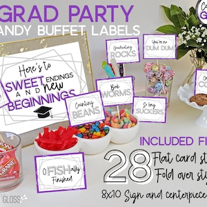 Graduation Candy Buffet Labels | Candy Bar Labels | Grad Party | Graduation Candy Labels | Graduation Candy Signs | Purple and Black Silver