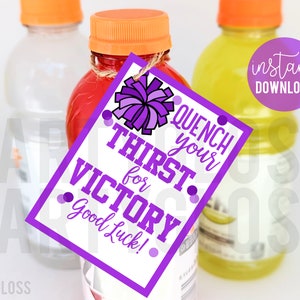 Purple Cheer Good Luck Printable Tags, Quench Your Thirst For Victory Sports Drink Cheerleading Competition Meet Jamboree Cheer Camp Squad