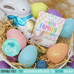 Bearbeitbare Familienwertschätzung druckbare Tags, fröhlicher Frühling Ostern die beste Familie jeder Hase Bruder Schwester Cousin Mama Papa Opa Oma